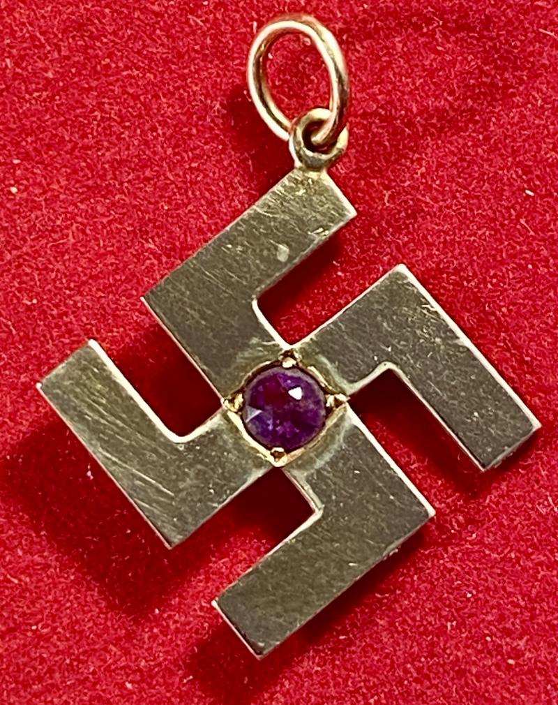 Rare Antique Victorian or Edwardian 15ct Gold Swastika Pendant set with an Amethyst Stone