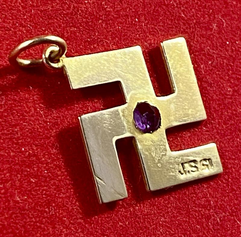 Rare Antique Victorian or Edwardian 15ct Gold Swastika Pendant set with an Amethyst Stone