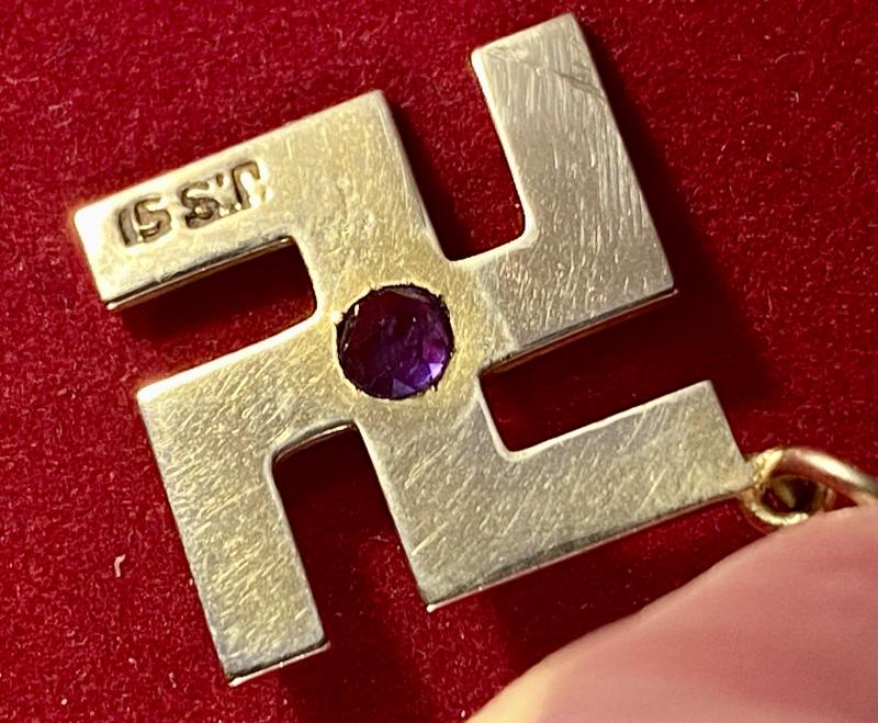 Rare Antique Victorian or Edwardian 15ct Gold Swastika Pendant set with an Amethyst Stone