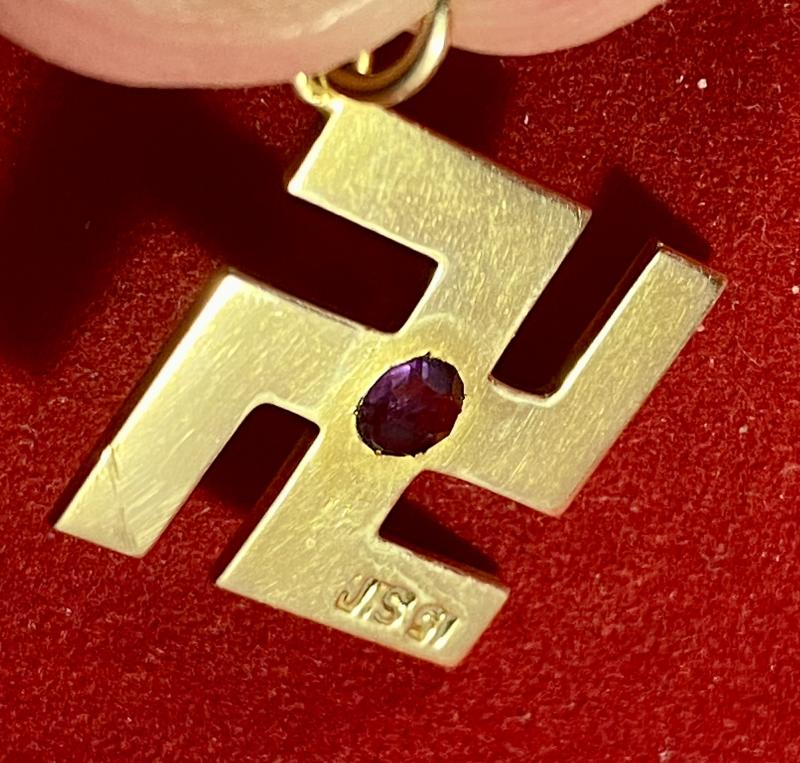 Rare Antique Victorian or Edwardian 15ct Gold Swastika Pendant set with an Amethyst Stone