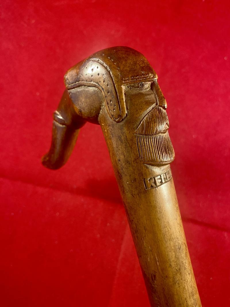 Antique Olive Wood Greek KEPKYPA (Corfu) Walking Stick with Carved Grip Depicting an Elephant’s Head and a Bearded Man’s Head