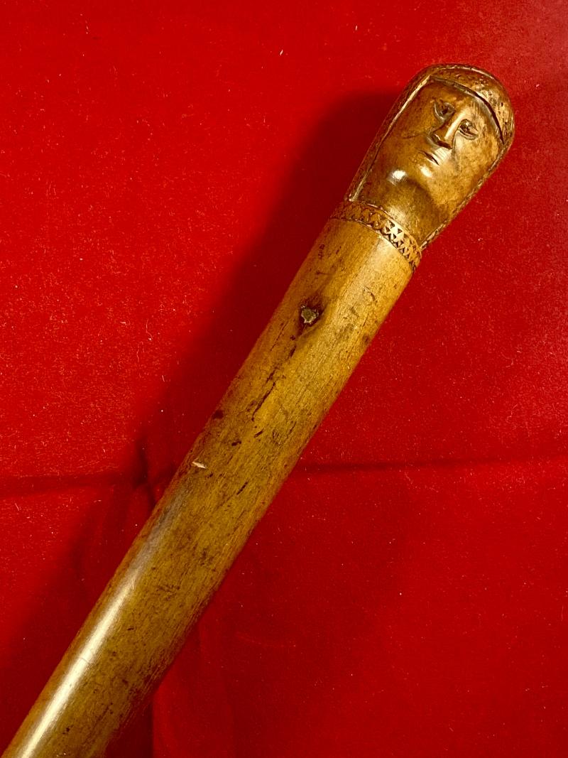 Antique Olive Wood Greek KEPKYPA (Corfu) Walking Stick with Carved Grip Depicting a two Men’s Heads