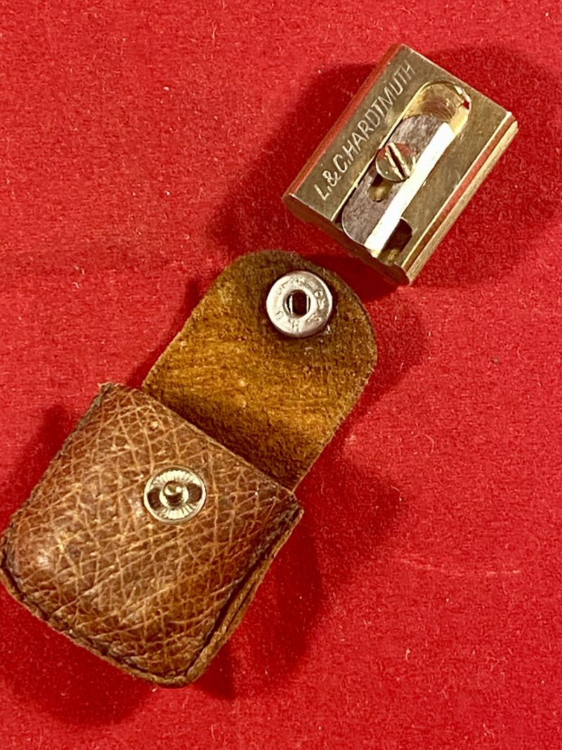 Antique German ‘TUTIOR JUWEL’ Double Brass Pencil Sharpener with Original Leather Case by L. & C. Hardtmuth