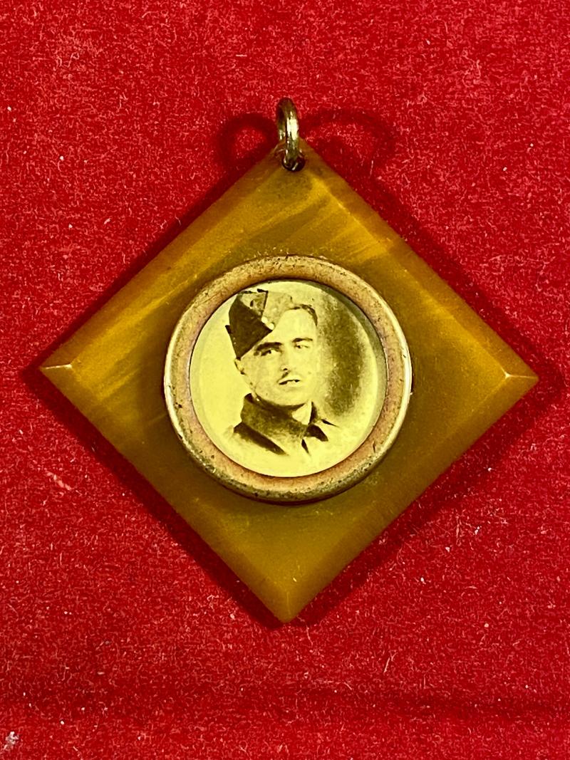 WW2 Butterscotch Bakelite Sweetheart Pendant set with a Photo of a Soldier