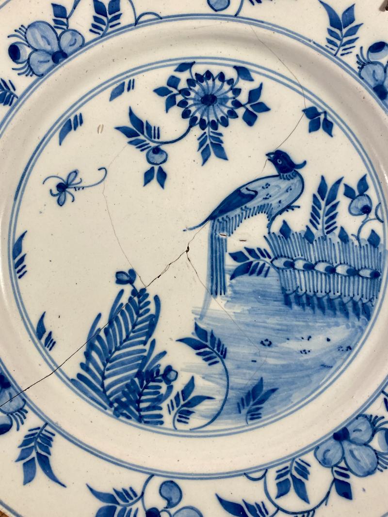 Antique Mid 18th Century 'Chinoiserie' Delftware Plate Depicting a Bird and Flowers c1750