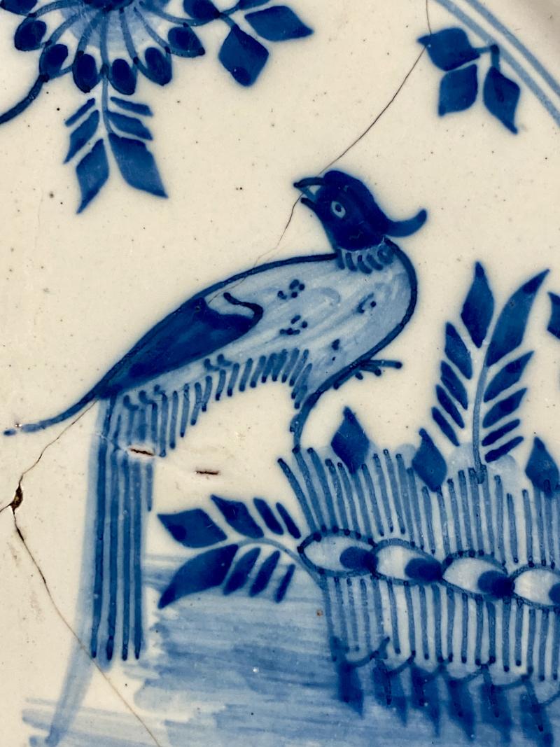 Antique Mid 18th Century 'Chinoiserie' Delftware Plate Depicting a Bird and Flowers c1750