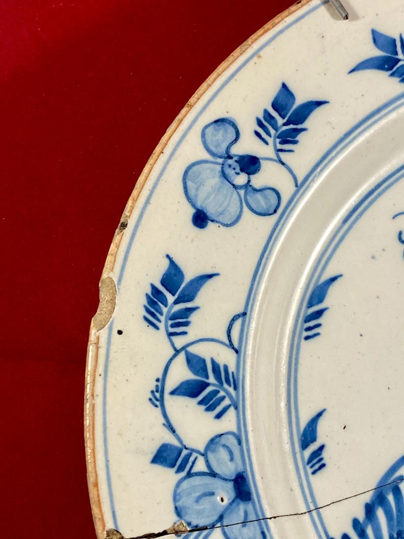 Antique Mid 18th Century 'Chinoiserie' Delftware Plate Depicting a Bird and Flowers c1750
