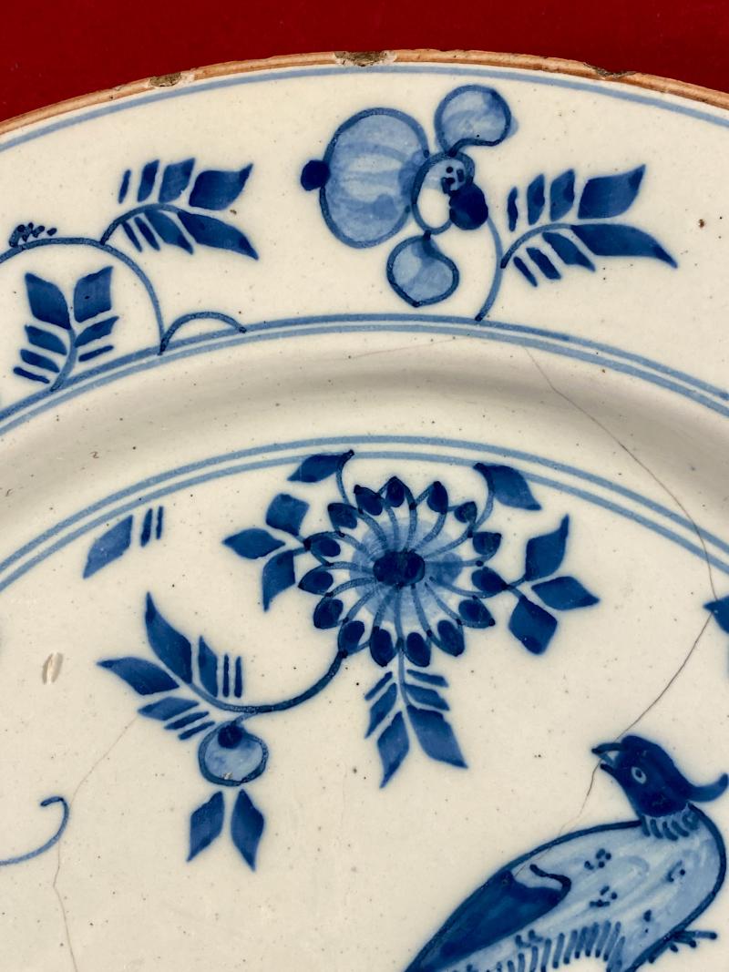 Antique Mid 18th Century 'Chinoiserie' Delftware Plate Depicting a Bird and Flowers c1750