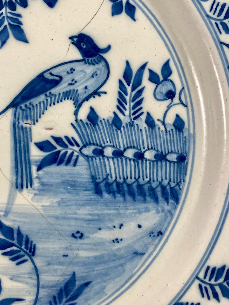 Antique Mid 18th Century 'Chinoiserie' Delftware Plate Depicting a Bird and Flowers c1750