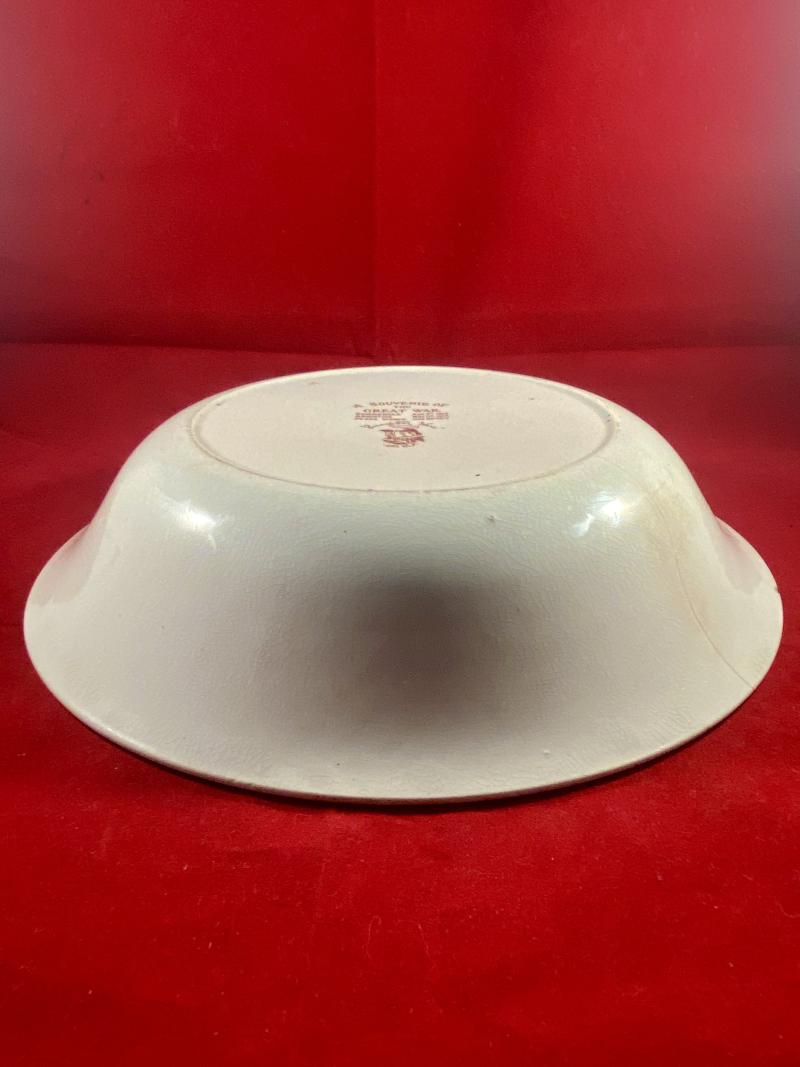 Large WW1 Bruce Bairnsfather 9” Commemorative Dish Depicting a Juggling Grenades Cartoon and the words “KEEPING HIS HAND IN?”