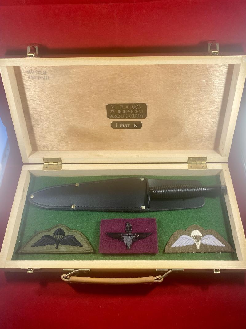 Rare 21st Parachute Regiment - 50th Anniversary of Arnhem Presentation Box to a Malcolm Van White, that contains a FS Knife and Para Patches