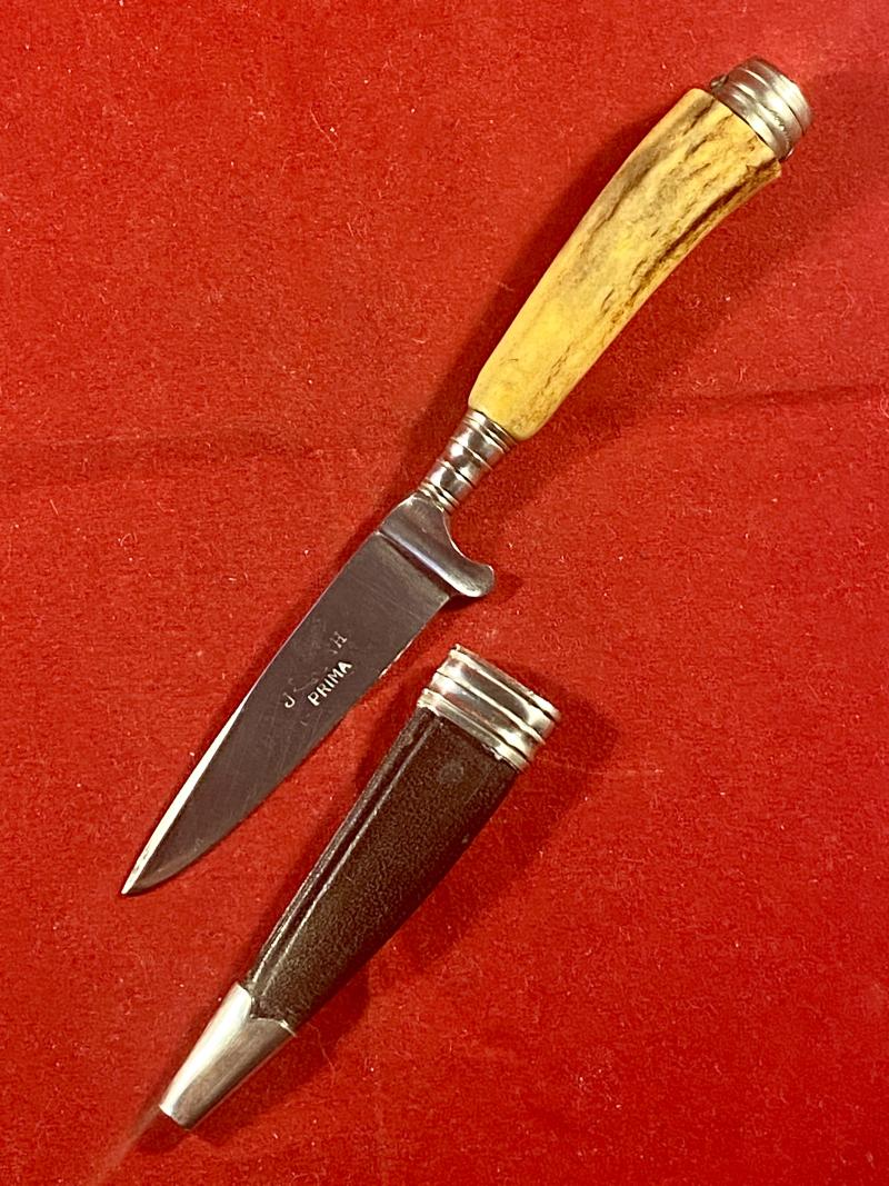 Small Vintage German Stag Handled Jagdnicker/Skinning Knife with Leather Sheath by J H PRIMA Solingen