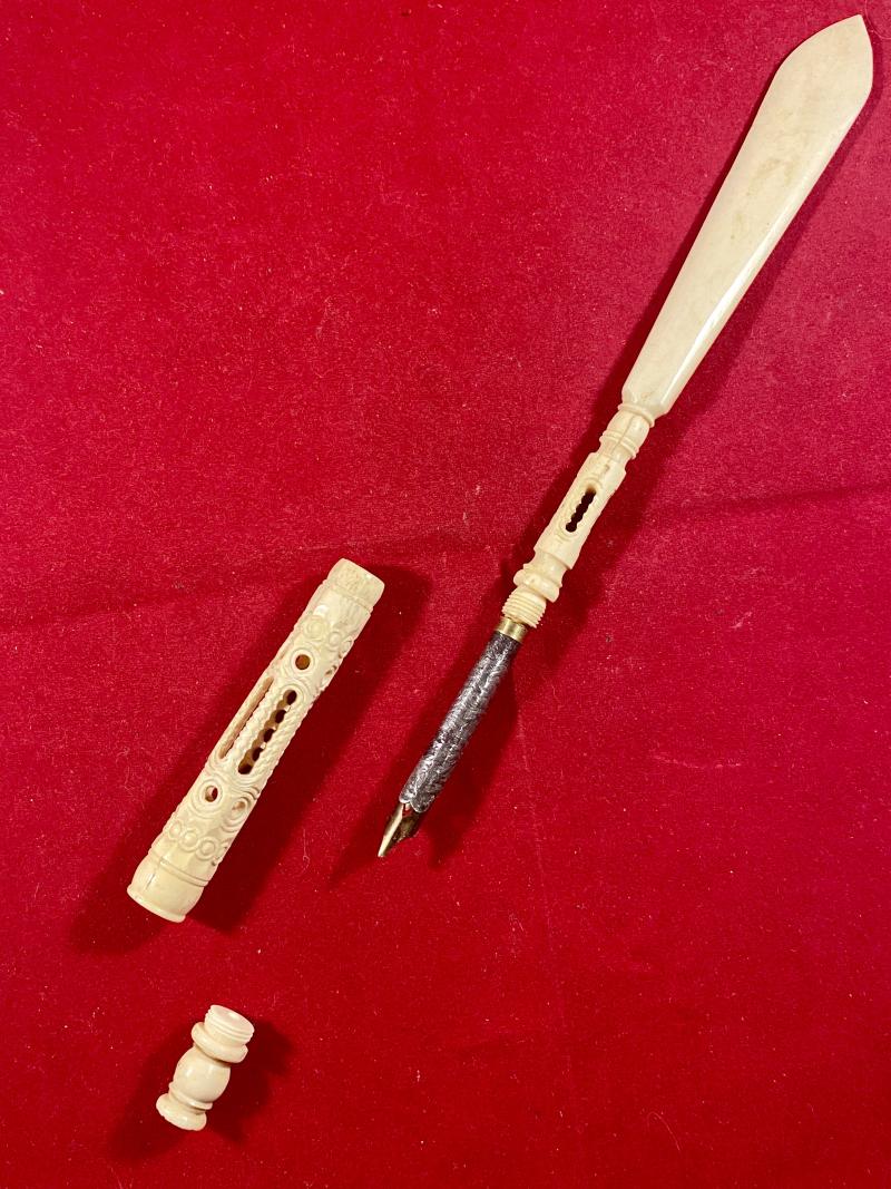 Antique Victorian Pierced and Turned Bone Combination Dip Pen and Letter Opener c1880