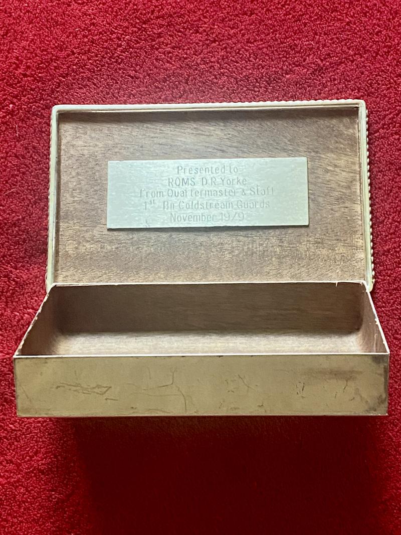 Vintage 1st Bn Coldstream Guards Presentation Silver Plated Cigarette Box – to RQMS D.R. Yorke 1979