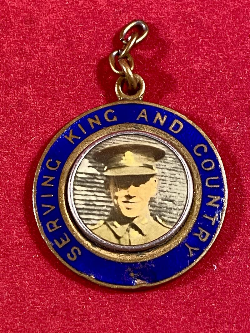 WW2 Sweetheart Brass and Enamel Pendant “Serving King and Country” set with a Photo of a Soldier
