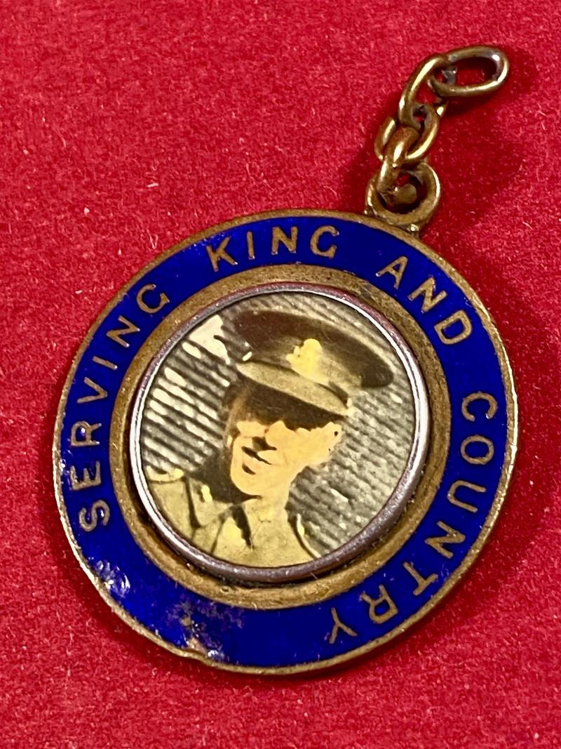 WW2 Sweetheart Brass and Enamel Pendant “Serving King and Country” set with a Photo of a Soldier