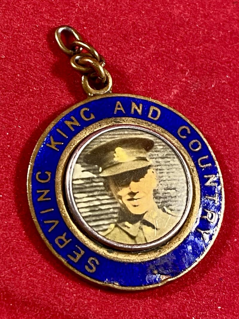 WW2 Sweetheart Brass and Enamel Pendant “Serving King and Country” set with a Photo of a Soldier