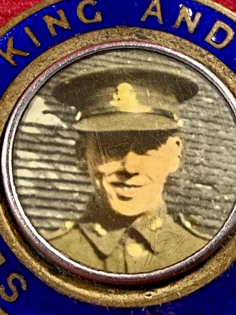 WW2 Sweetheart Brass and Enamel Pendant “Serving King and Country” set with a Photo of a Soldier