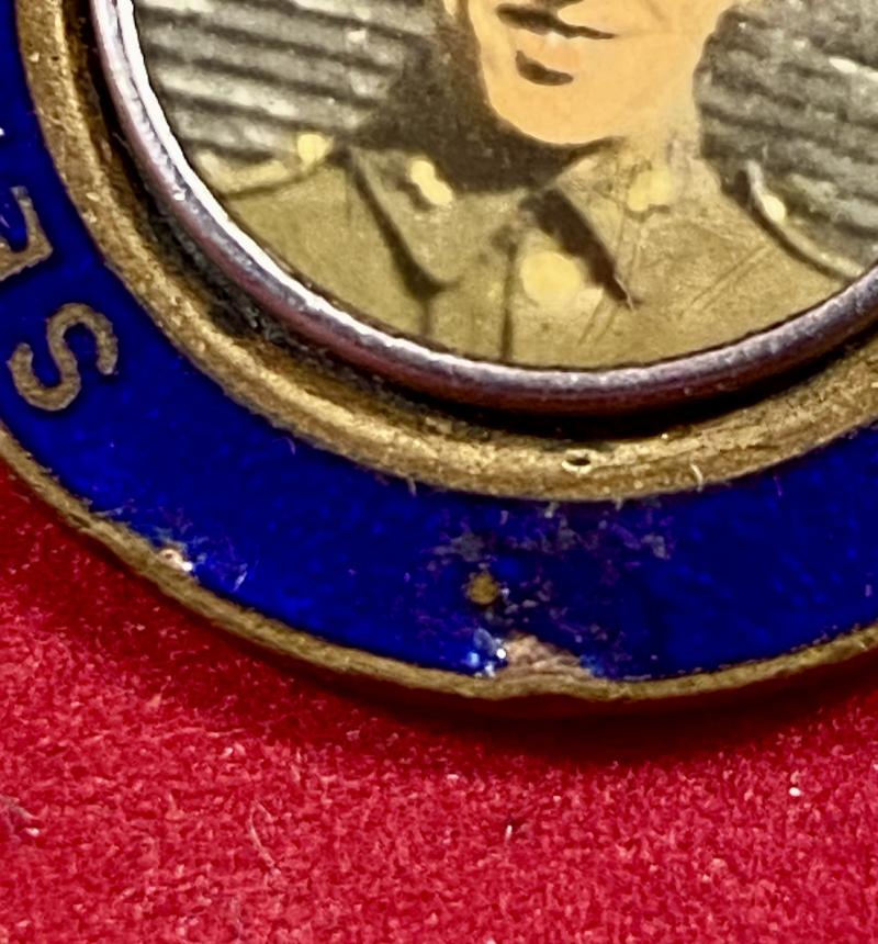 WW2 Sweetheart Brass and Enamel Pendant “Serving King and Country” set with a Photo of a Soldier
