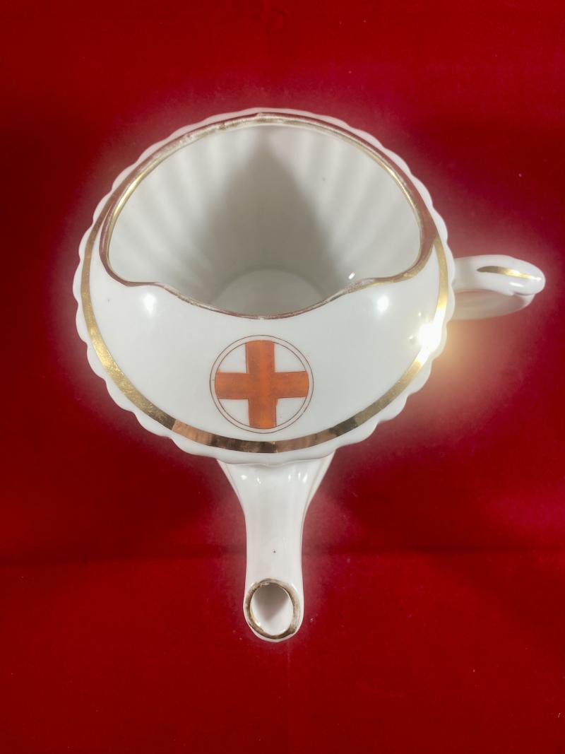Unusual WW1 Period White China Ribbed Feeding Cup with Red Cross Society Emblem and Gilt Edging