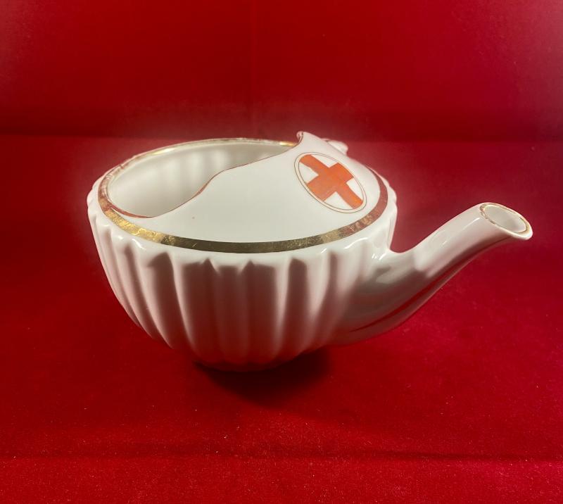 Unusual WW1 Period White China Ribbed Feeding Cup with Red Cross Society Emblem and Gilt Edging