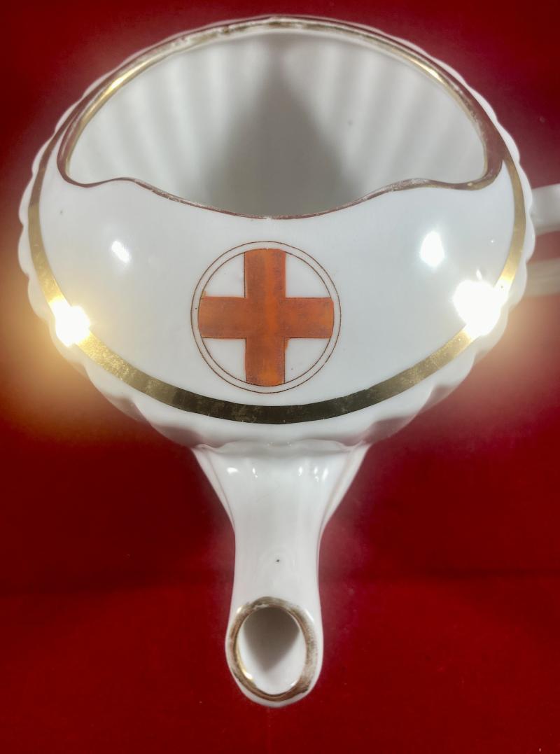 Unusual WW1 Period White China Ribbed Feeding Cup with Red Cross Society Emblem and Gilt Edging