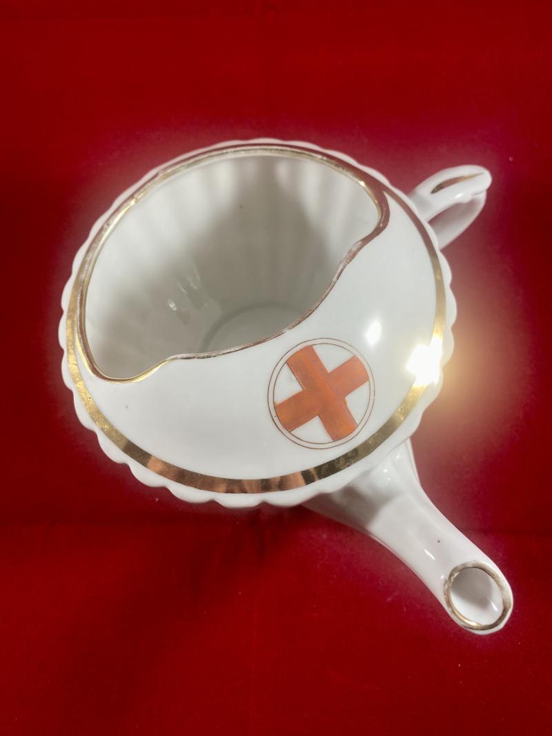 Unusual WW1 Period White China Ribbed Feeding Cup with Red Cross Society Emblem and Gilt Edging