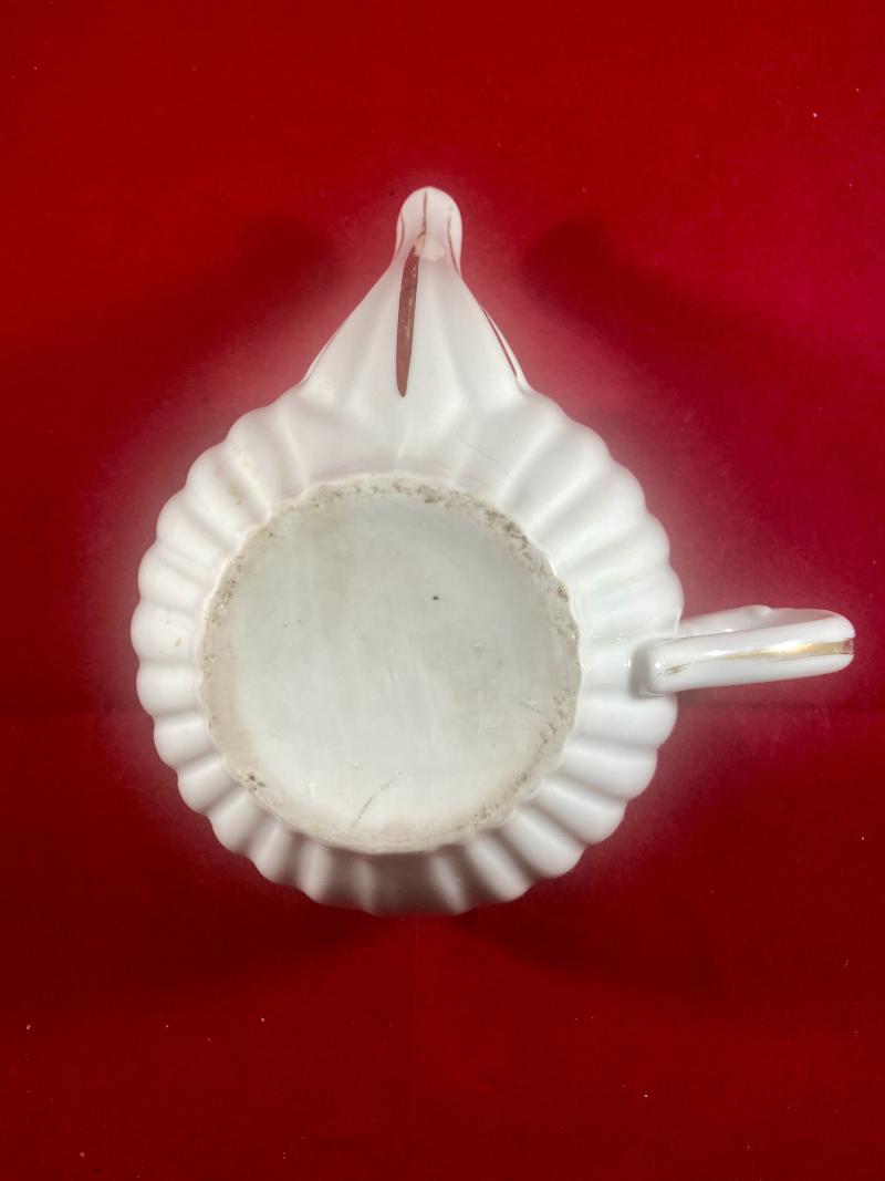 Unusual WW1 Period White China Ribbed Feeding Cup with Red Cross Society Emblem and Gilt Edging