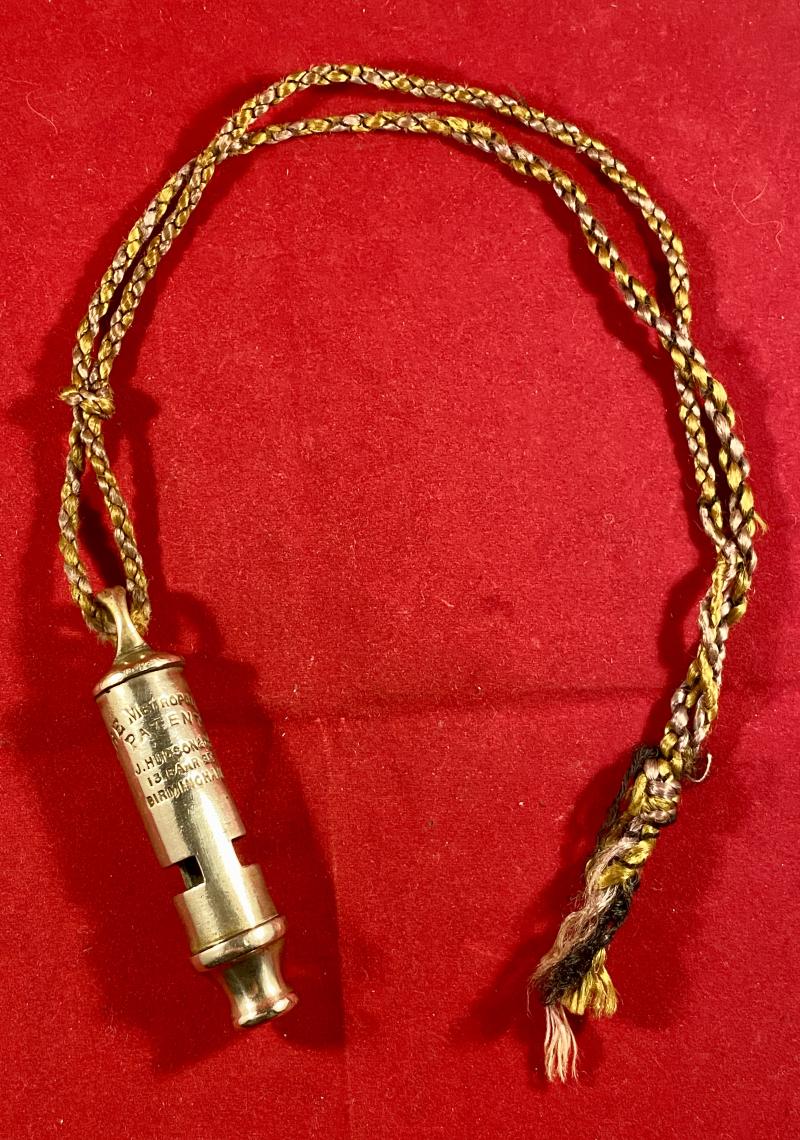 Original Antique “THE METROPOLITAN” Whistle by J. Hudson & Co of 13. Barr St Birmingham c1902