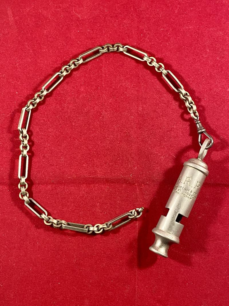Original WW2 A.R.P. Whistle by J. Hudson & Co of Barr St Hockley Birmingham with Chain