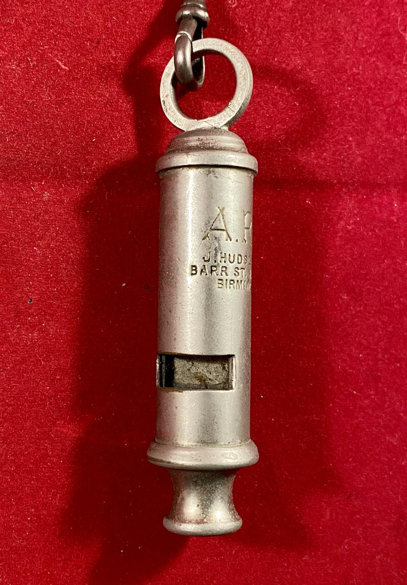 Original WW2 A.R.P. Whistle by J. Hudson & Co of Barr St Hockley Birmingham with Chain