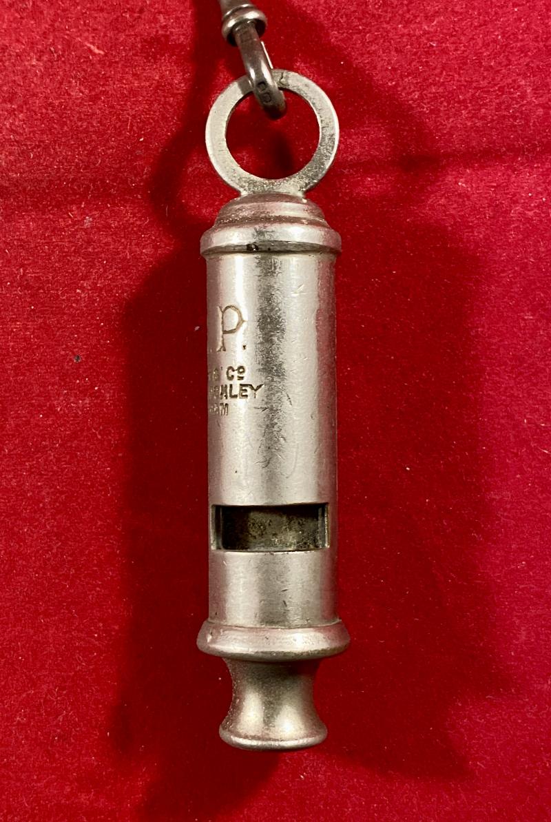 Original WW2 A.R.P. Whistle by J. Hudson & Co of Barr St Hockley Birmingham with Chain