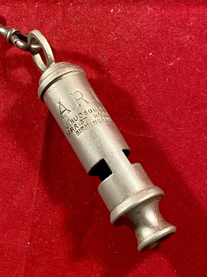 Original WW2 A.R.P. Whistle by J. Hudson & Co of Barr St Hockley Birmingham with Chain