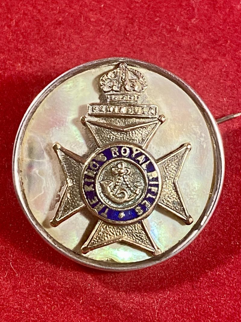 WW1 The Kings Royal Rifles Silver Rimmed, Gilt Brass, Enamel and Mother of Pearl Sweetheart Brooch