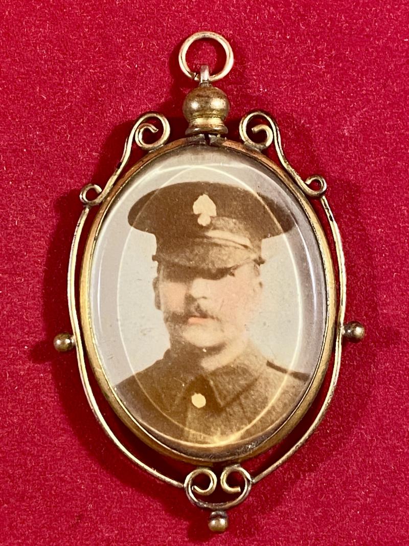 Impressive WW1 Sweetheart Gilt Brass Framed Glass Pendant with a Photo of a Royal Fusiliers Officer