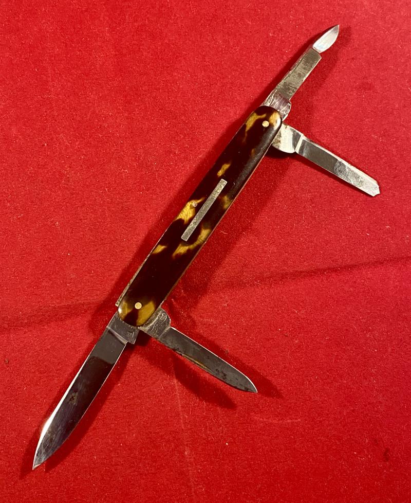 Rare Antique Three Bladed Folding Penknife with Manicure File and Tortoise Shell Grip Scales by Mappin & Webb of London c1880
