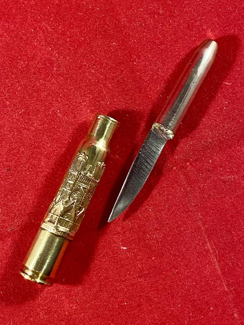 Fine WW1 Trench Art German 8x57mm Bullet Knife being a Souvenir of Reims Cathedral 1918