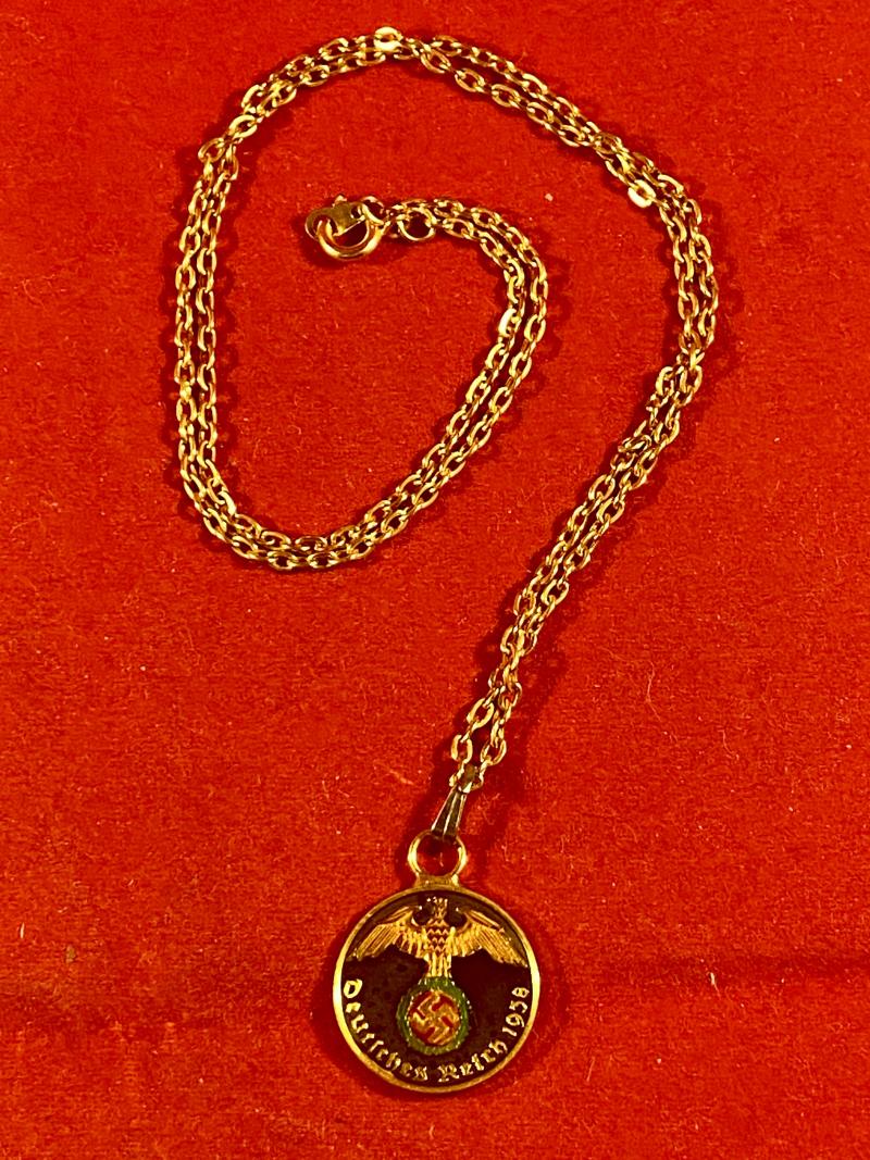 Rare Hand Coloured Enamel Nazi 1938 1 Pfennig Coin Pendant with Chain