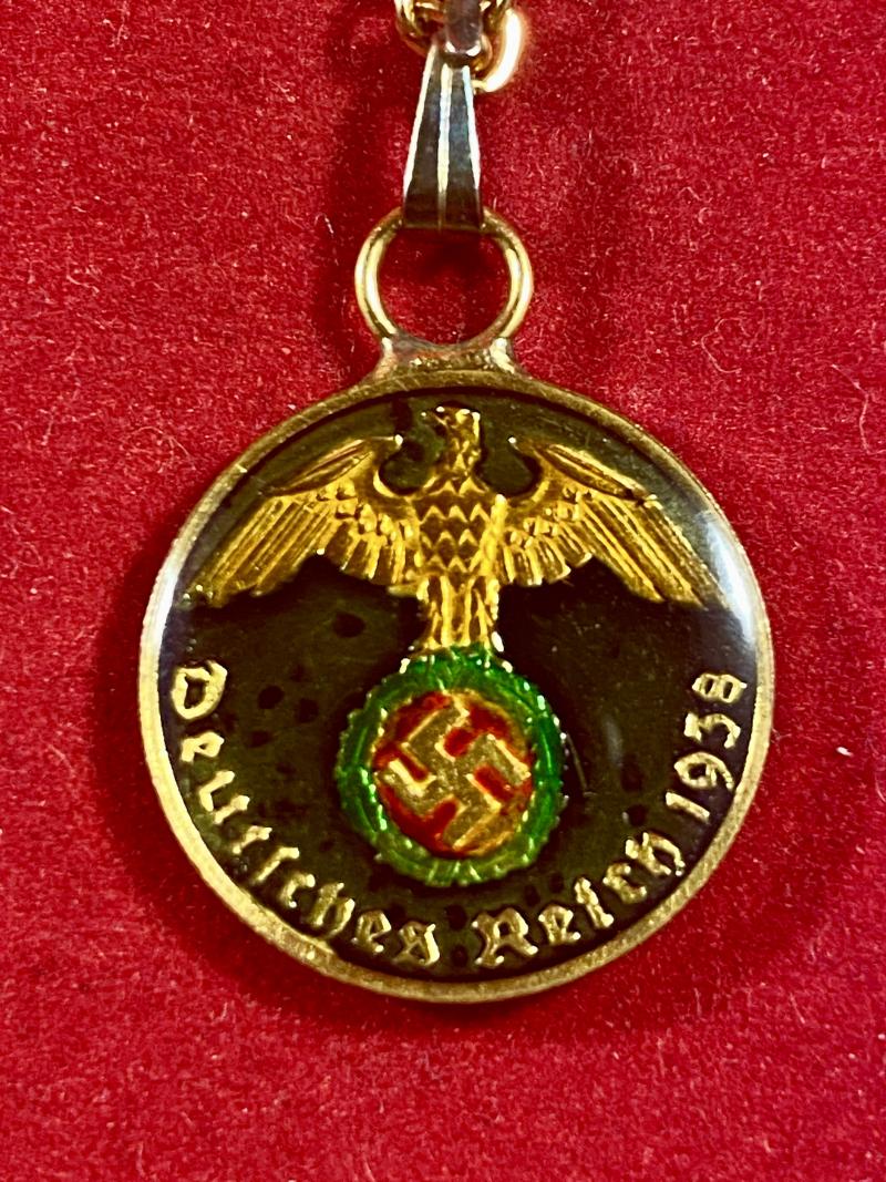 Rare Hand Coloured Enamel Nazi 1938 1 Pfennig Coin Pendant with Chain