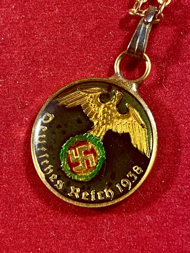 Rare Hand Coloured Enamel Nazi 1938 1 Pfennig Coin Pendant with Chain