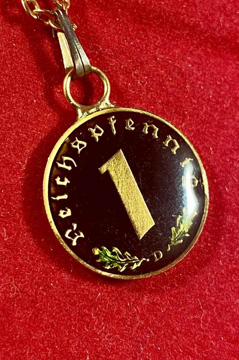 Rare Hand Coloured Enamel Nazi 1938 1 Pfennig Coin Pendant with Chain