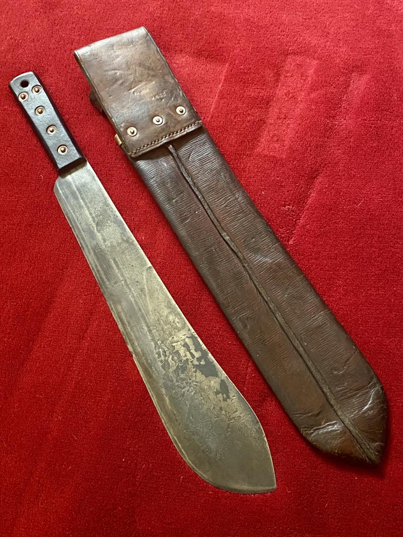 Fine WW2 British Military Machete by J.J.B. 1944 with Dark Brown Leather Scabbard Marker Marked P.I. 1942