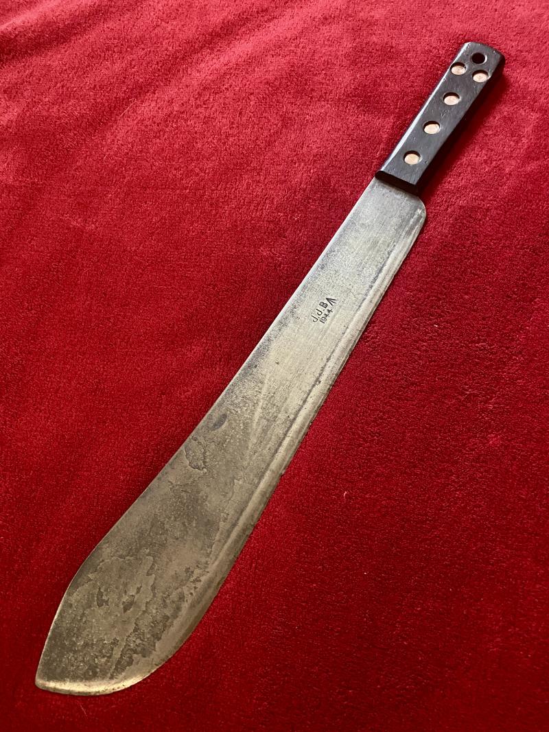 Fine WW2 British Military Machete by J.J.B. 1944 with Dark Brown Leather Scabbard Marker Marked P.I. 1942