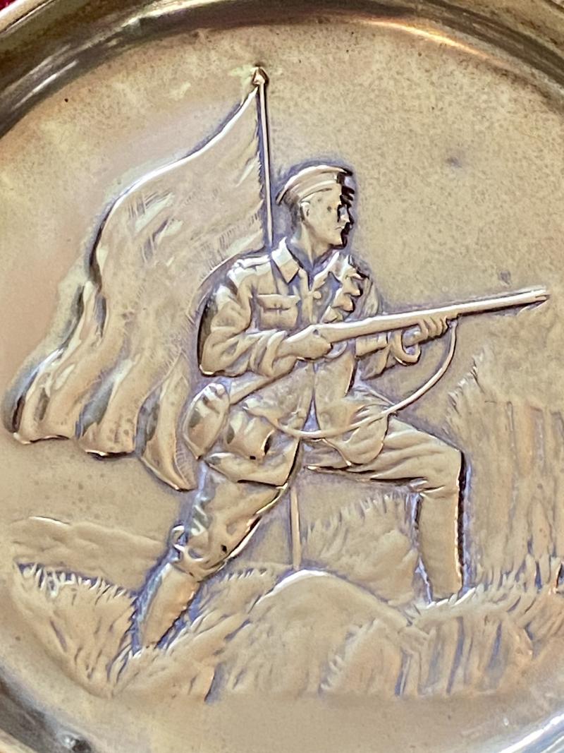 WW1 Patriotic Brass Pin or Coin Tray Depicting a Soldier with Rifle and a Flag