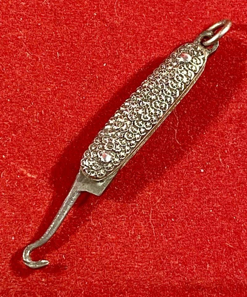 Antique Miniature Ladies Chatelaine Folding Glove Button Hook with Ornate Silver Handle Scales c1890