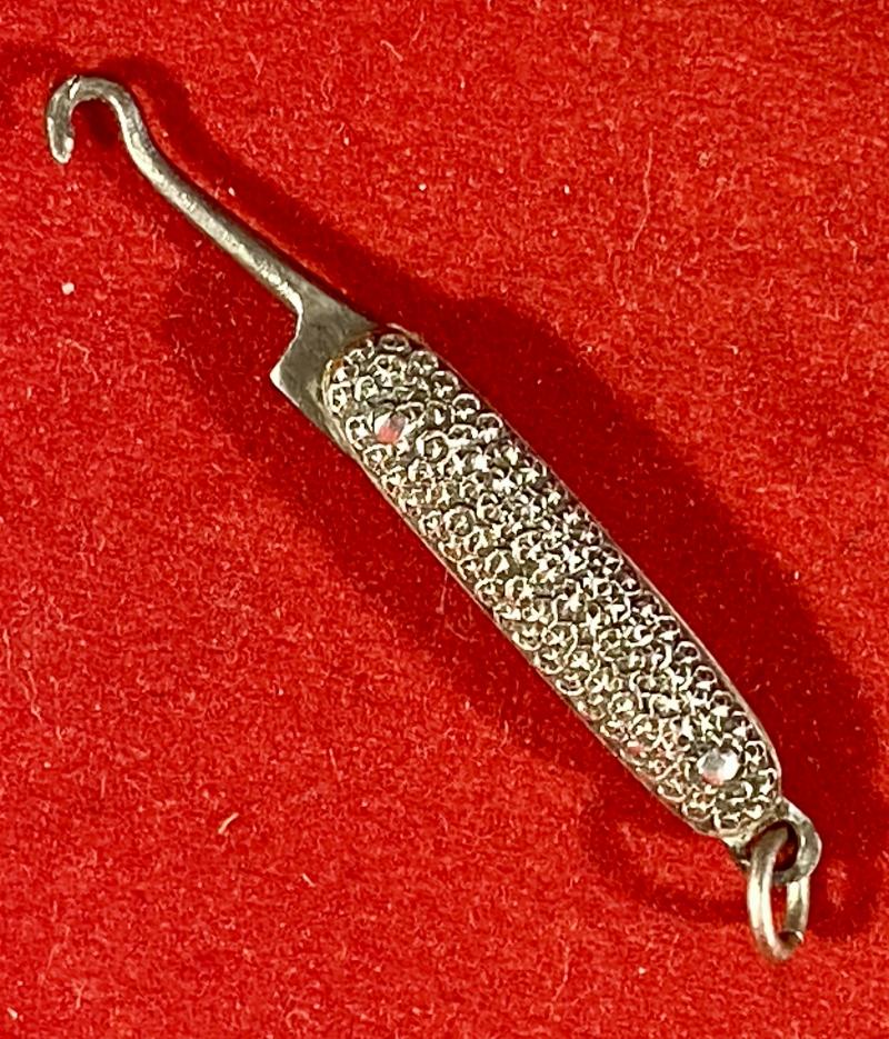Antique Miniature Ladies Chatelaine Folding Glove Button Hook with Ornate Silver Handle Scales c1890