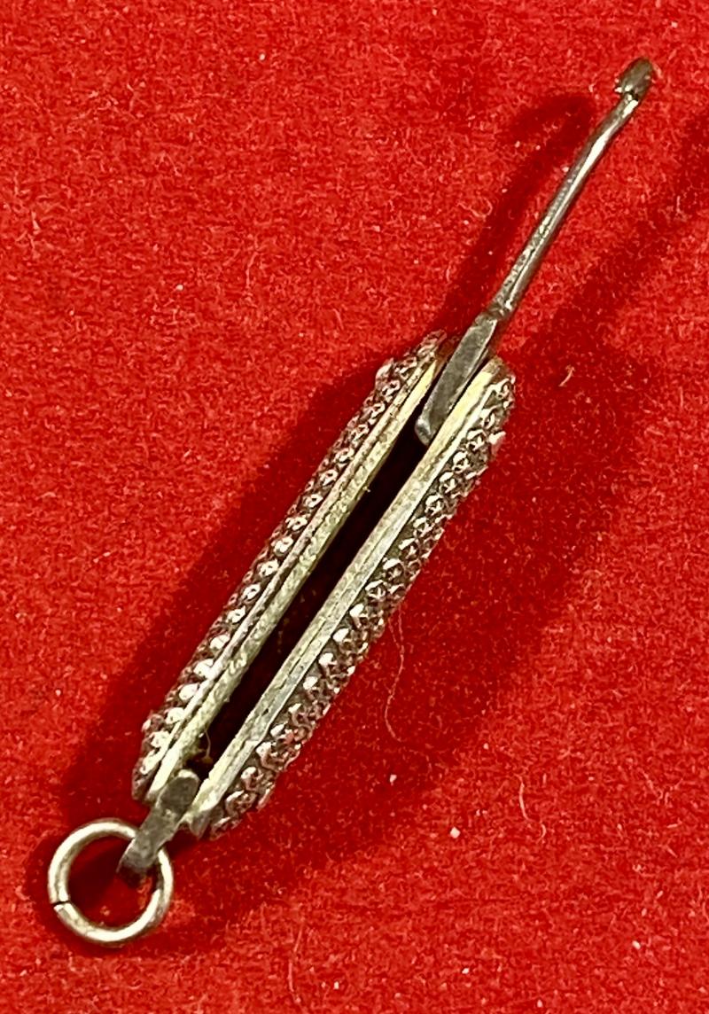 Antique Miniature Ladies Chatelaine Folding Glove Button Hook with Ornate Silver Handle Scales c1890