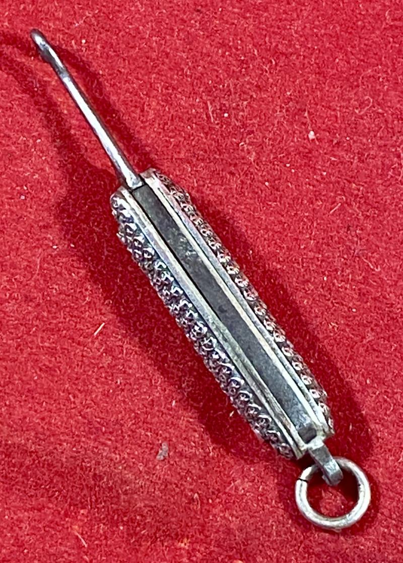 Antique Miniature Ladies Chatelaine Folding Glove Button Hook with Ornate Silver Handle Scales c1890