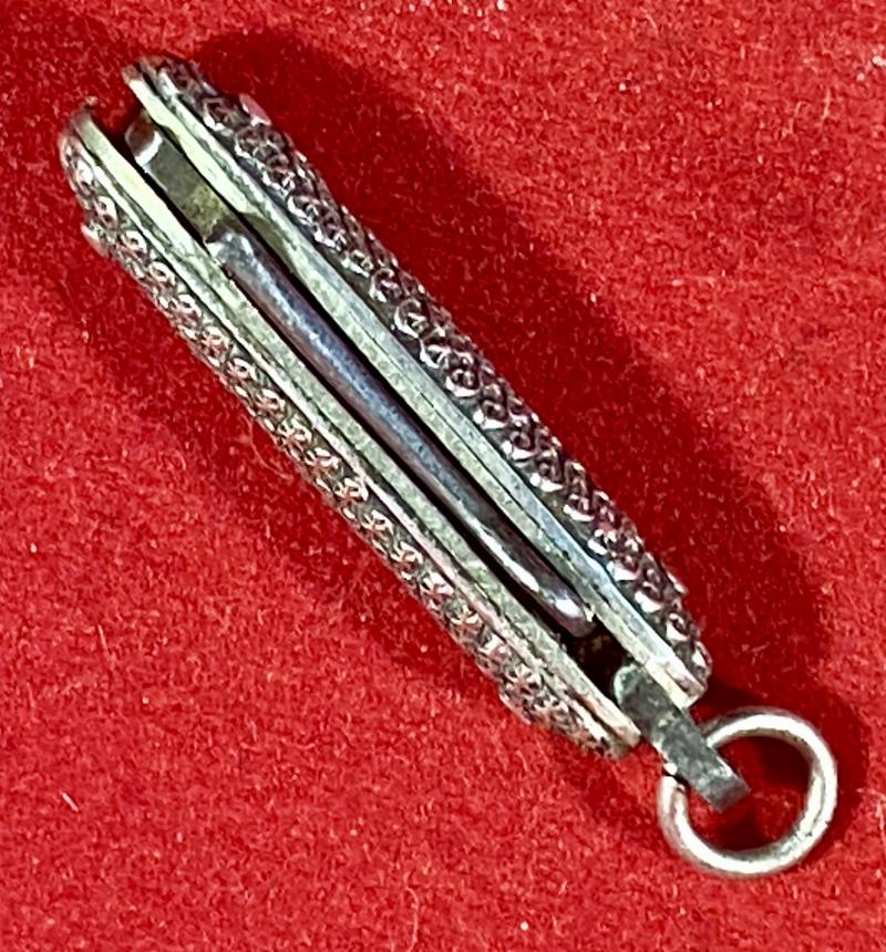 Antique Miniature Ladies Chatelaine Folding Glove Button Hook with Ornate Silver Handle Scales c1890
