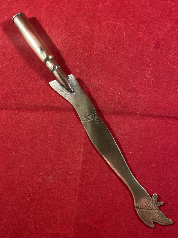 Unusual British WW1 Bullet Trench Art Letter Opener in the Shape of a Lady’s Leg with an Engaved Shoe and Garter